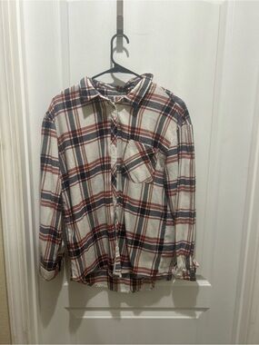 Thread Suppy M Plaid Button-Up Shirt - Cream with Red & Blue Plaid
